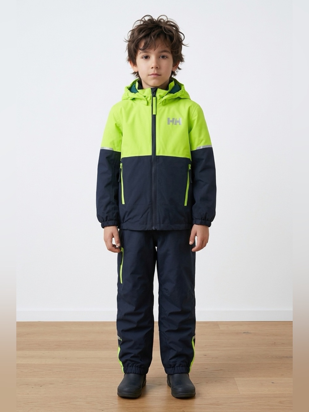 Helly Hansen Kids Lime and Navy Waterproof Hooded Rain Jacket - Picture 2 of 9
